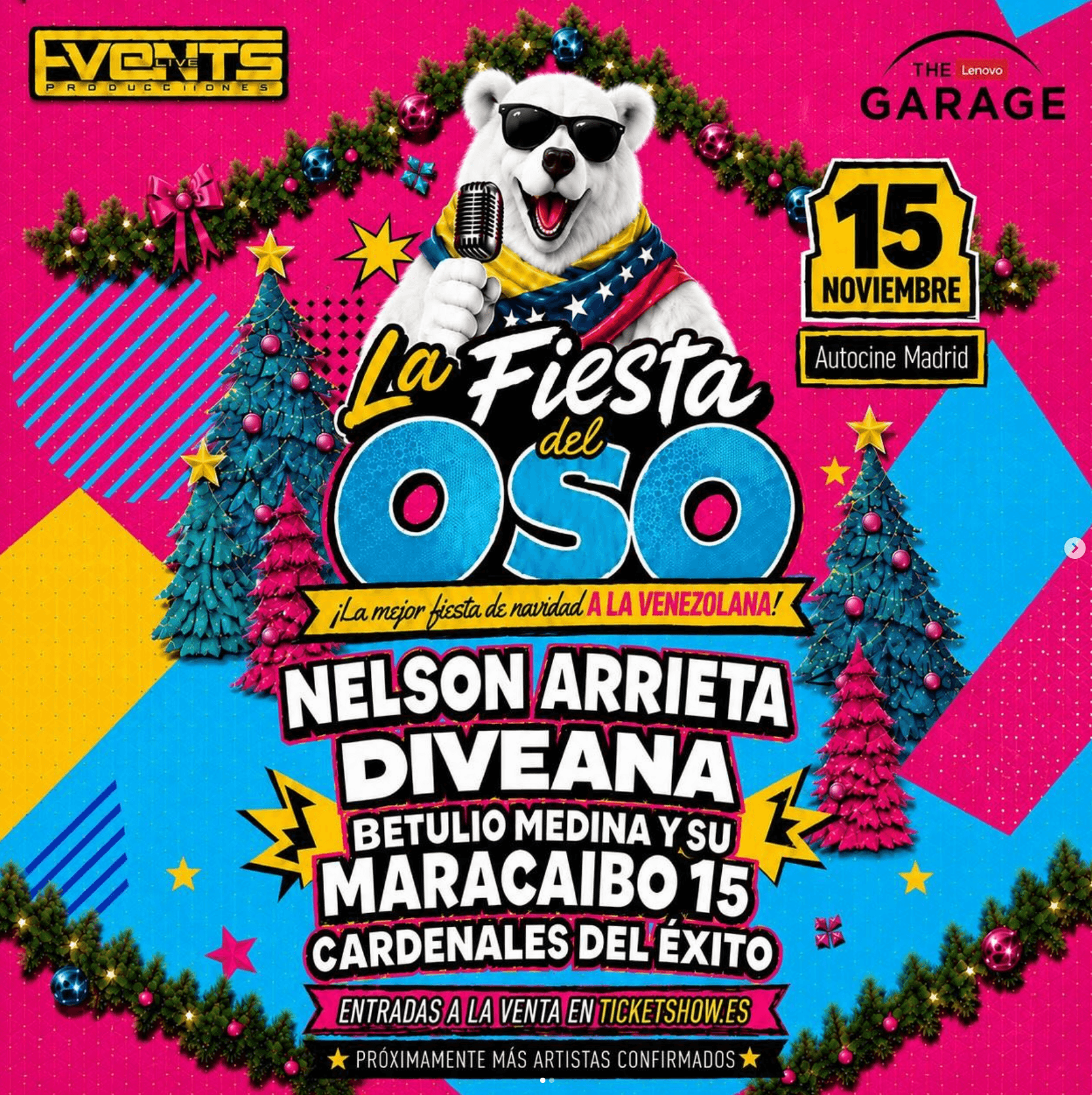 Flyer oficial de La Fiesta del Oso Madrid con Betulio Medina y su Maracaibo 15, 15 de noviembre de 2026.